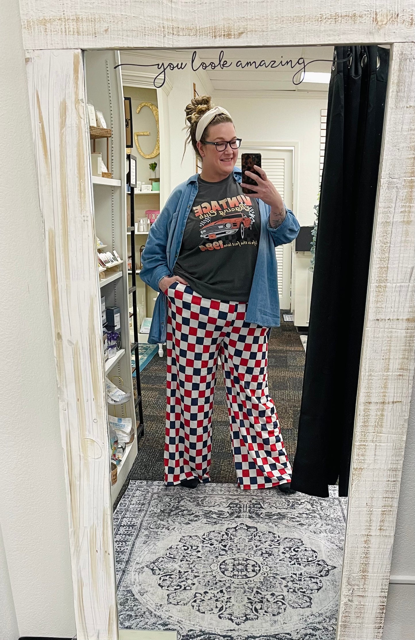 PLUS SIZE HIGH WAIST CHECKERD STRAIGHT LEG KNIT PANTS