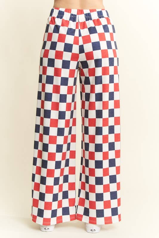 HIGH WAIST CHECKERD STRAIGHT LEG KNIT PANTS