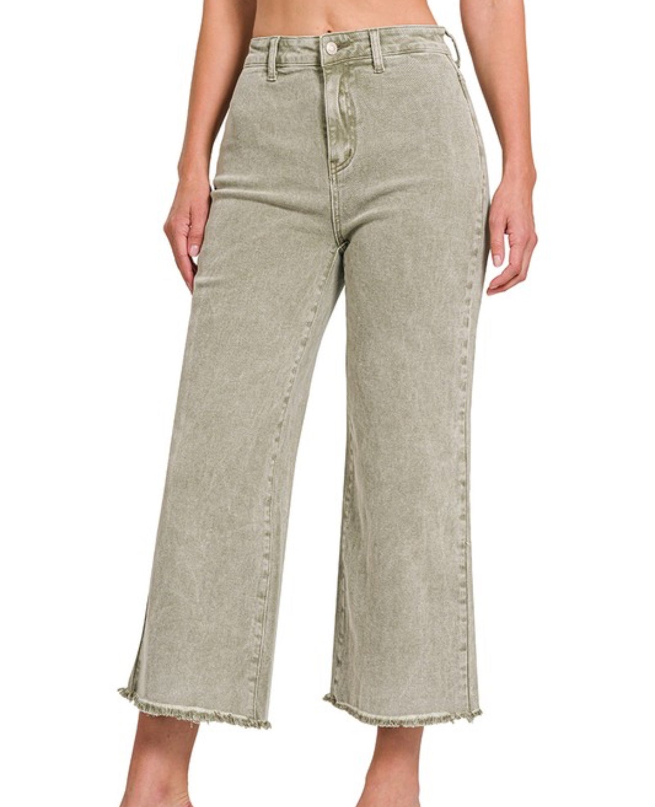 Acid Washed Olive Cropped Jeans