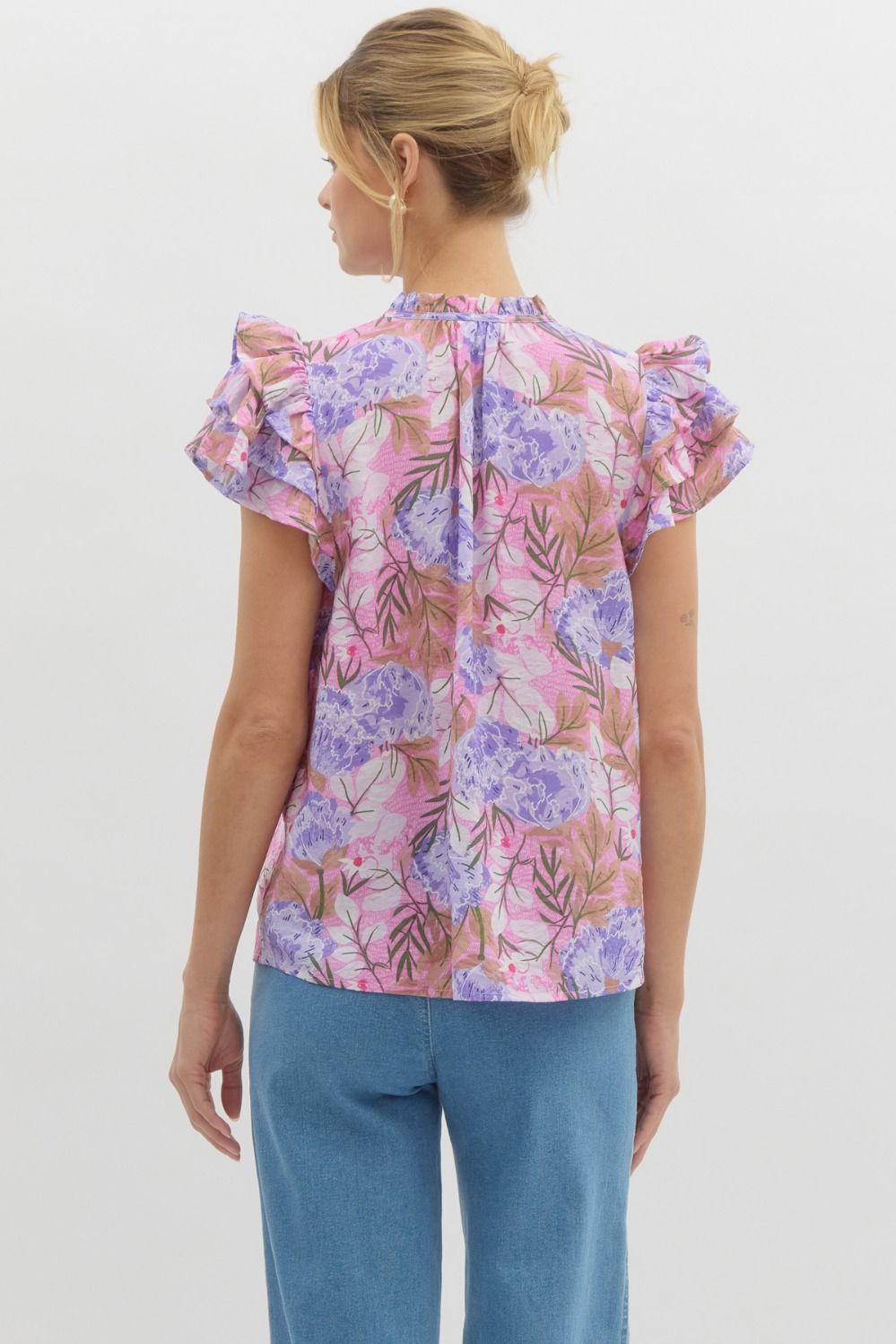 Botanical Ruffle Sleeve Top - Pink - Sale