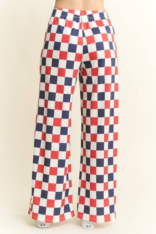 HIGH WAIST CHECKERD STRAIGHT LEG KNIT PANTS