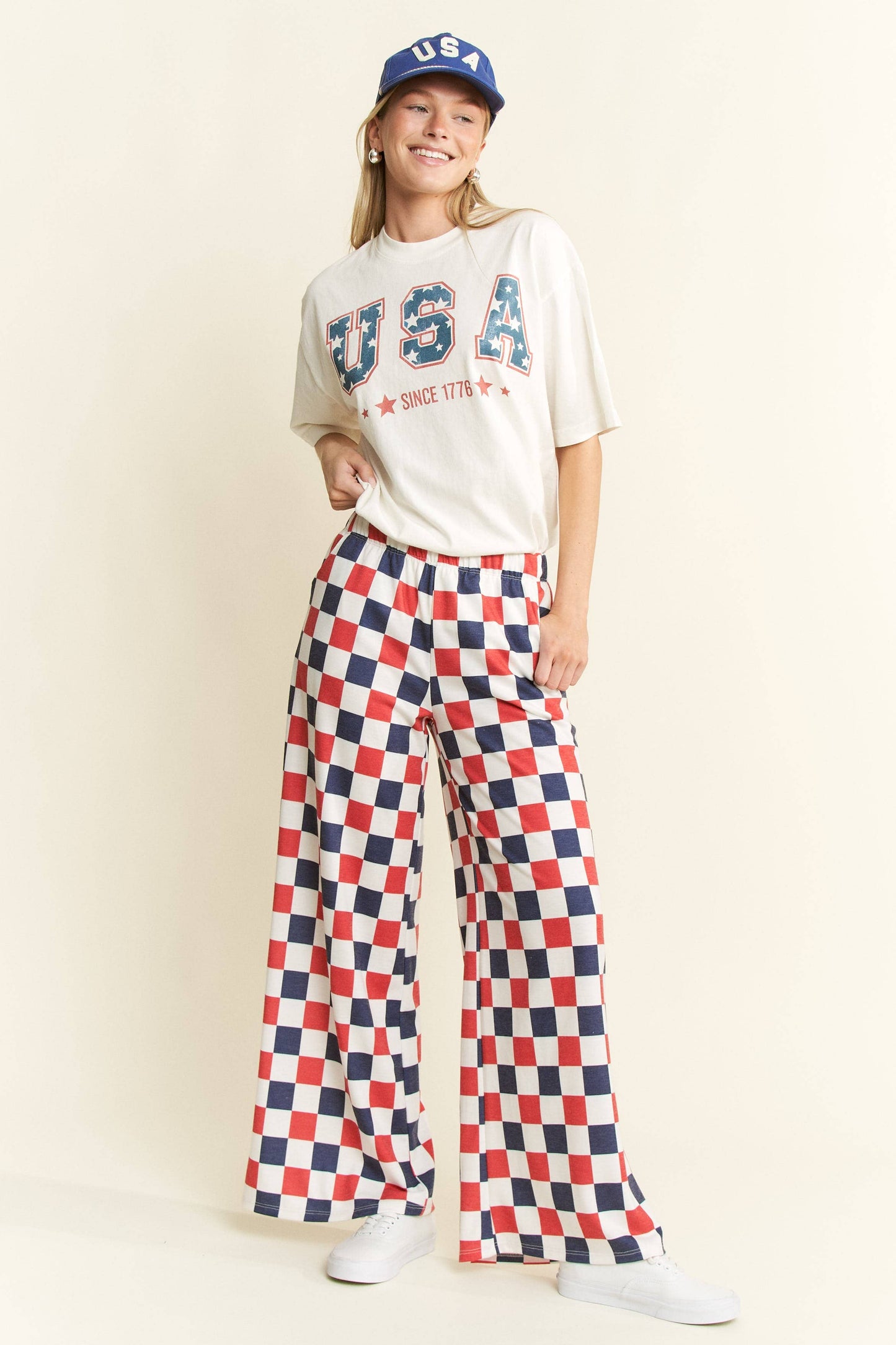 PLUS SIZE HIGH WAIST CHECKERD STRAIGHT LEG KNIT PANTS