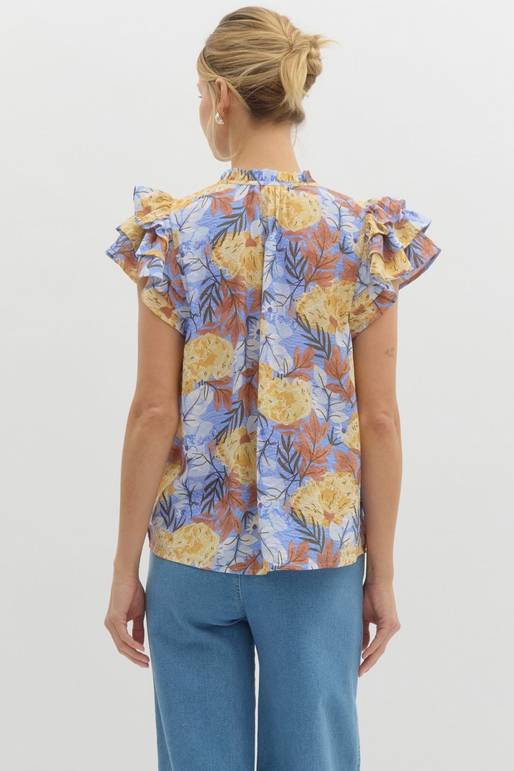 Botanical Ruffle Sleeve Top - Blue