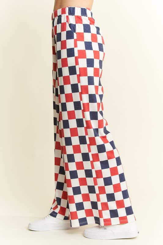 HIGH WAIST CHECKERD STRAIGHT LEG KNIT PANTS