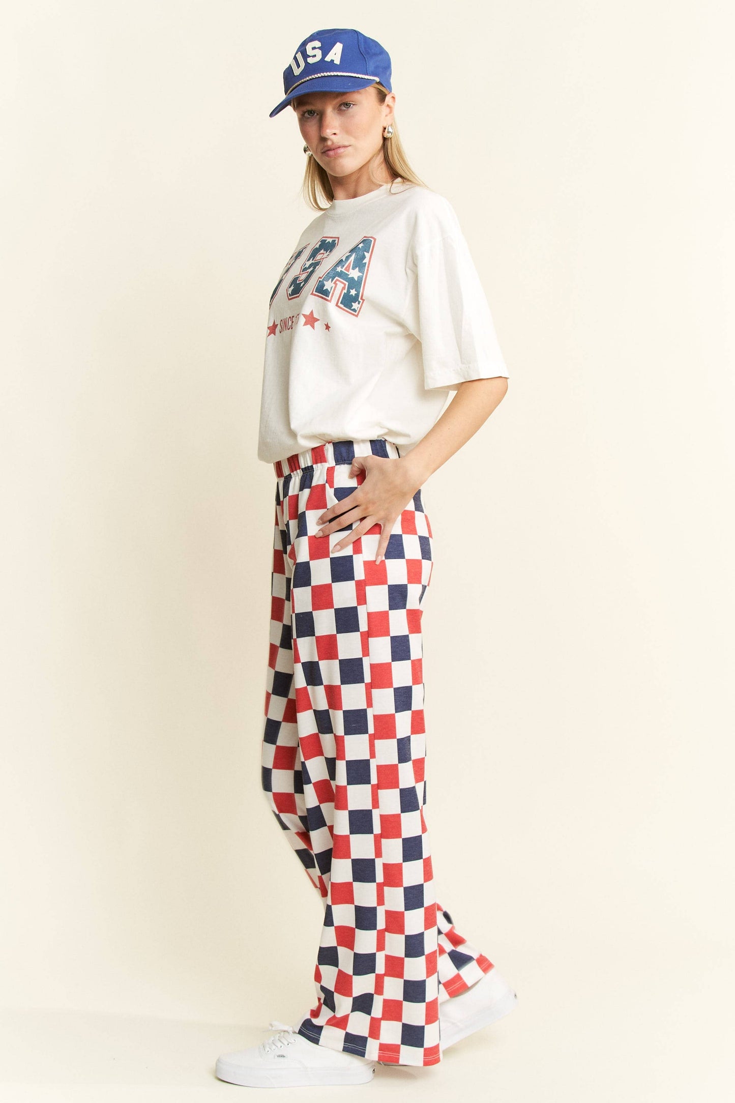 PLUS SIZE HIGH WAIST CHECKERD STRAIGHT LEG KNIT PANTS