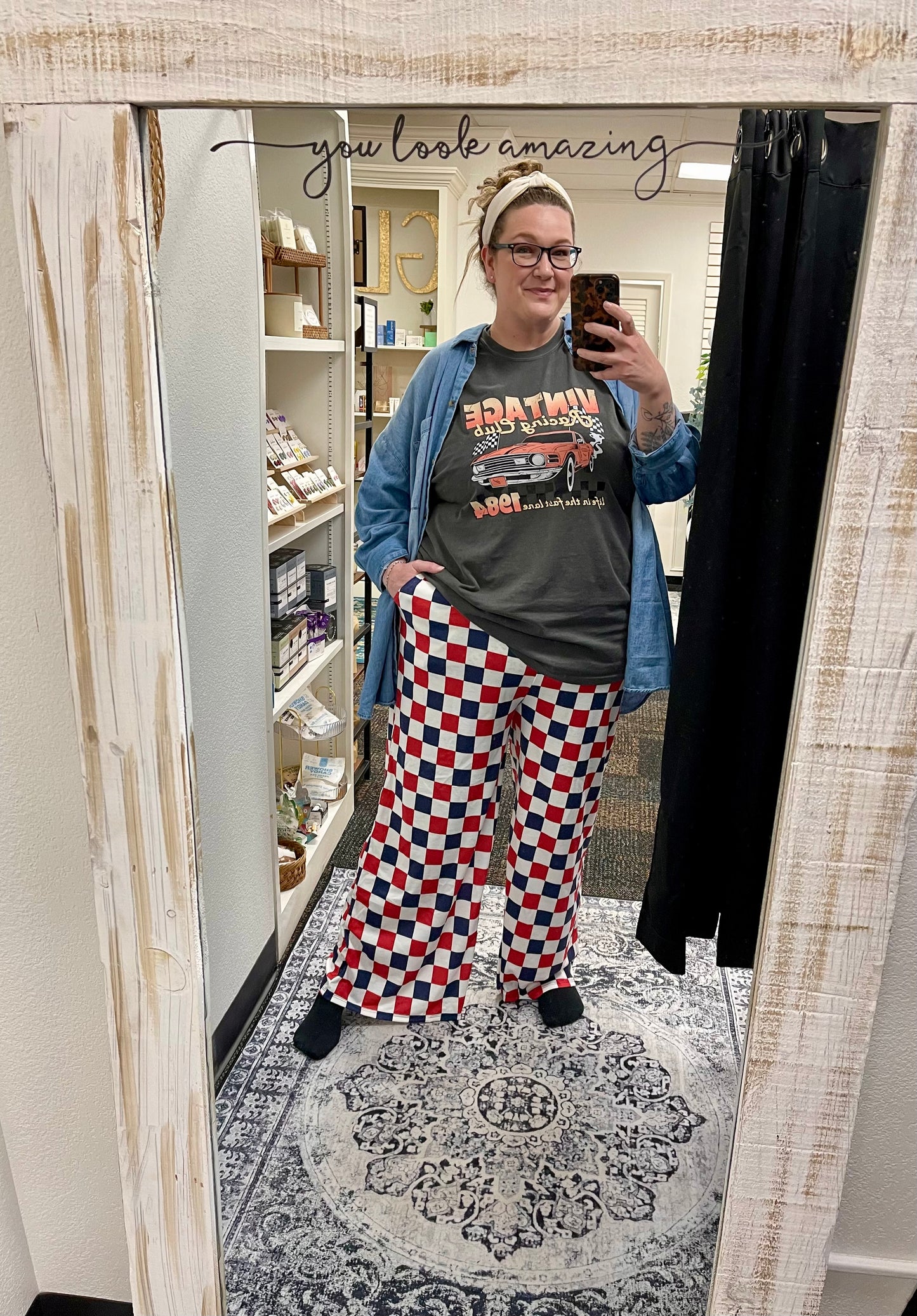 PLUS SIZE HIGH WAIST CHECKERD STRAIGHT LEG KNIT PANTS