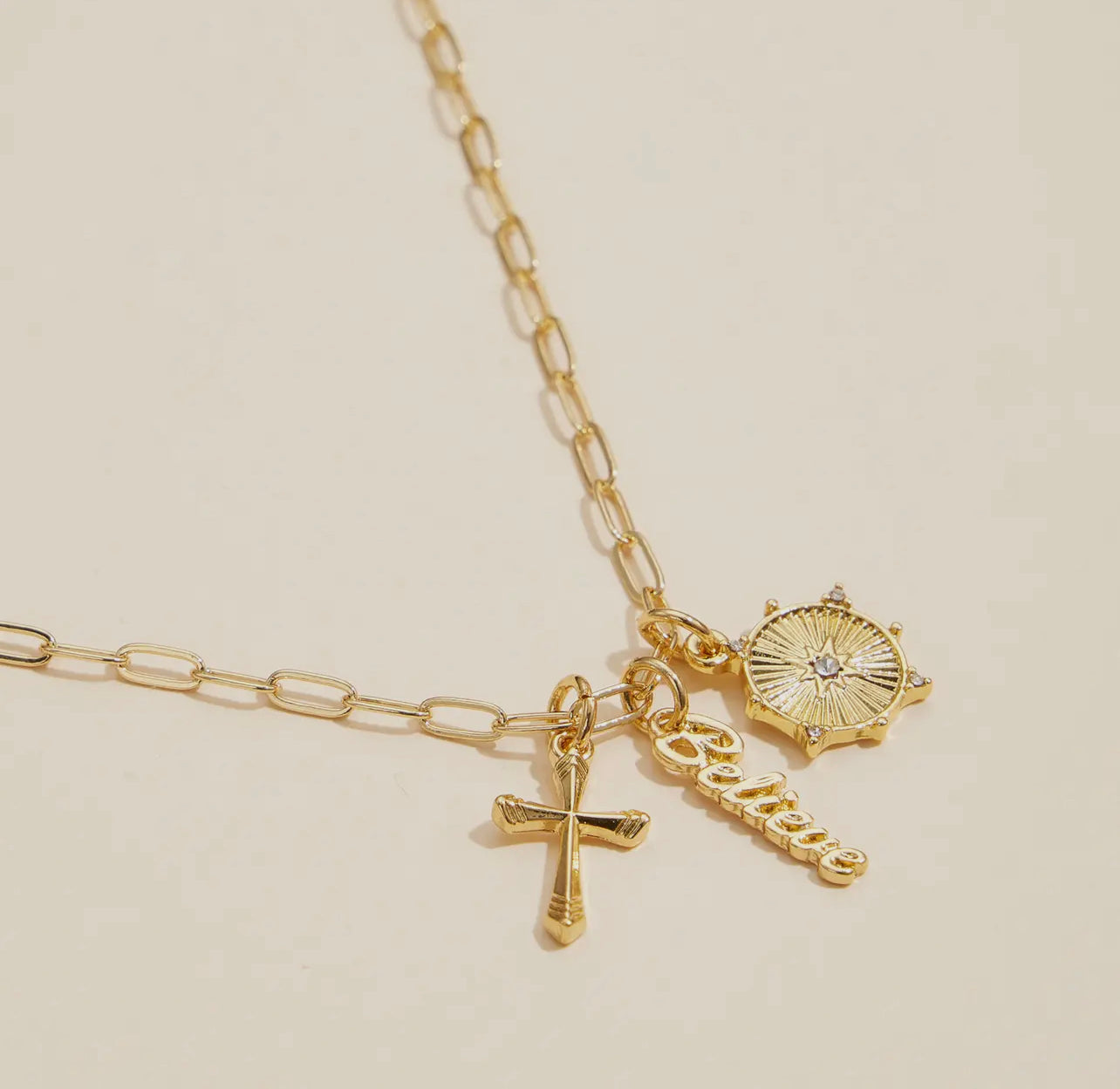 Cross, Believe, and Compass Gold Dipped 18K Charms Necklace