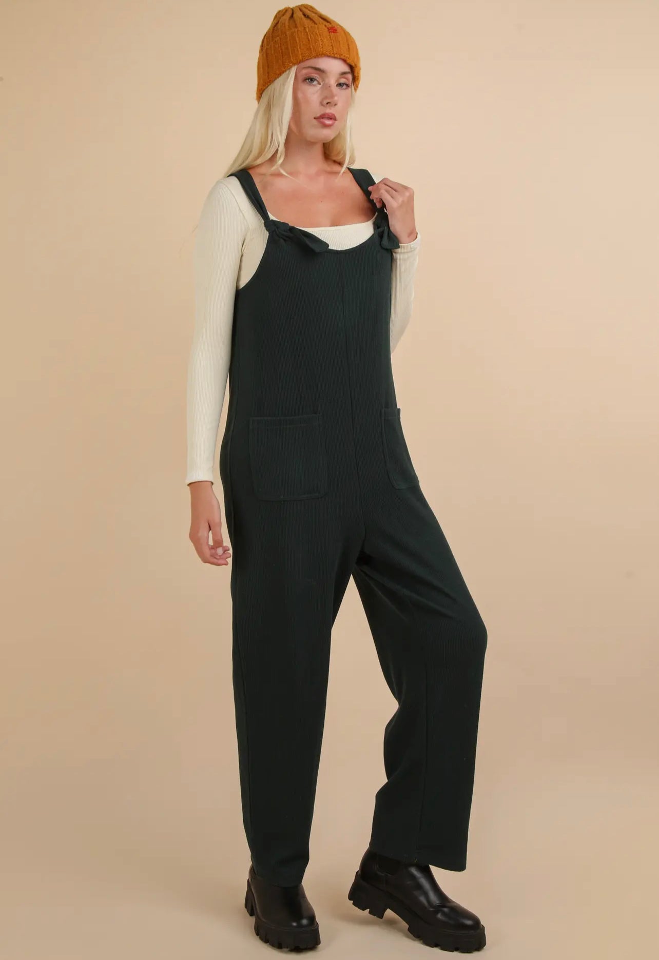 Forest Green Knit Jumpsuit with Front Patch Pockets - Sale