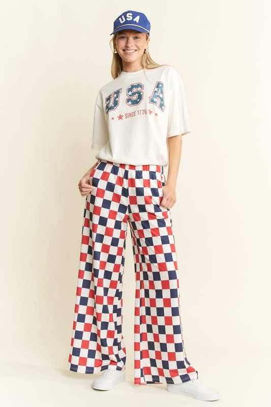 HIGH WAIST CHECKERD STRAIGHT LEG KNIT PANTS