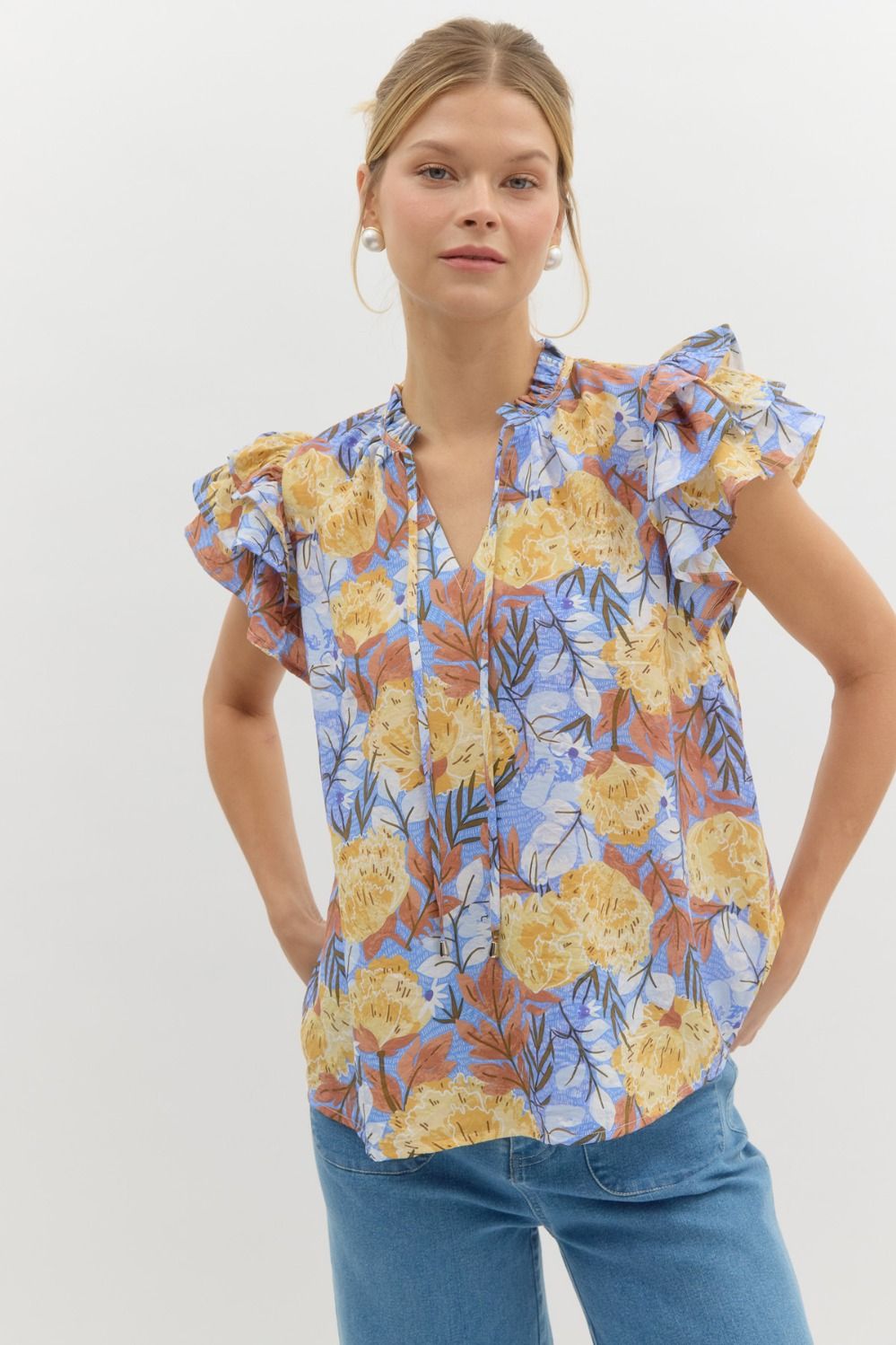 Botanical Ruffle Sleeve Top - Blue