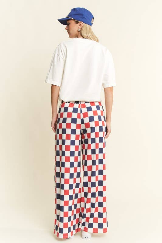 HIGH WAIST CHECKERD STRAIGHT LEG KNIT PANTS