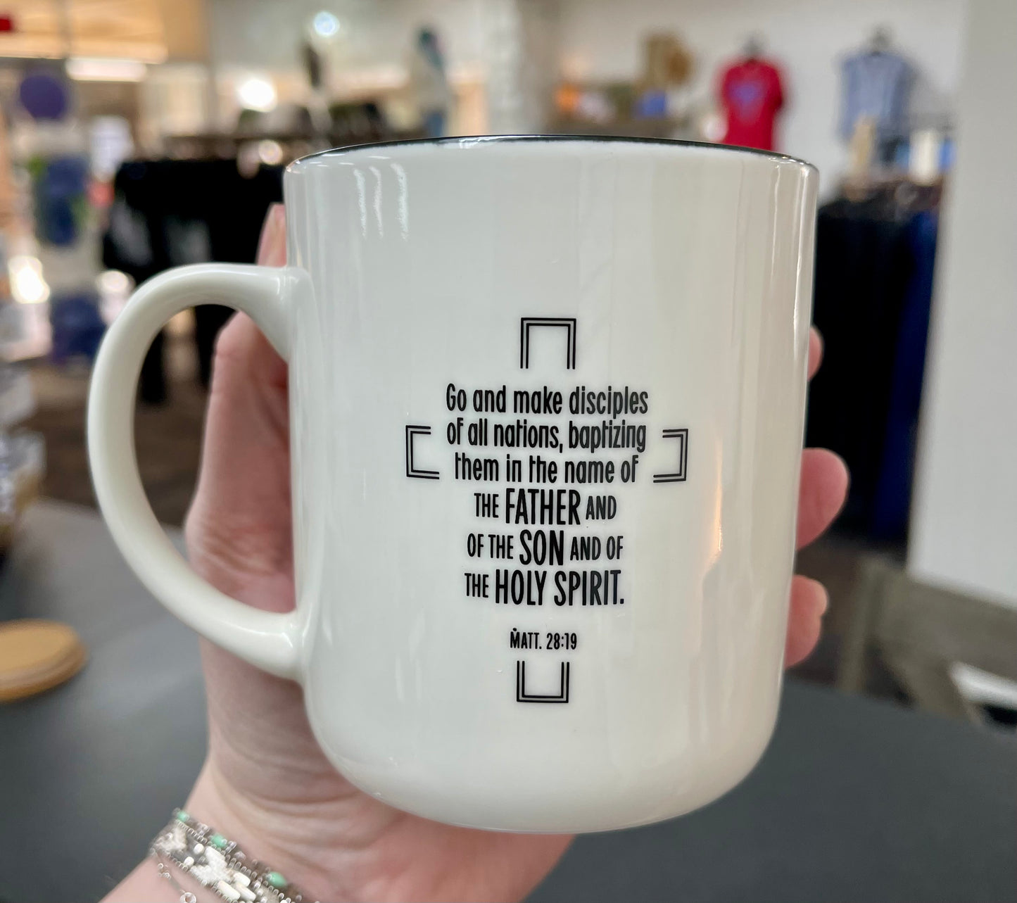 Mug White/Black Jesus Badge Matt. 28:19