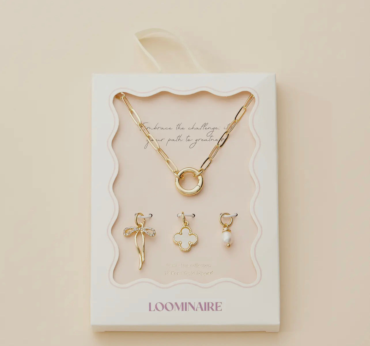 Gold Dipped Bow Charm Necklace with Clover and Pearl