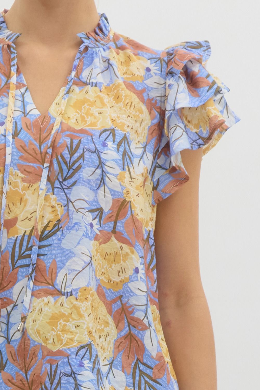 Botanical Ruffle Sleeve Top - Blue