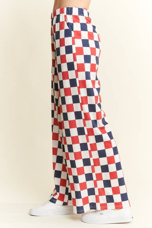 HIGH WAIST CHECKERD STRAIGHT LEG KNIT PANTS
