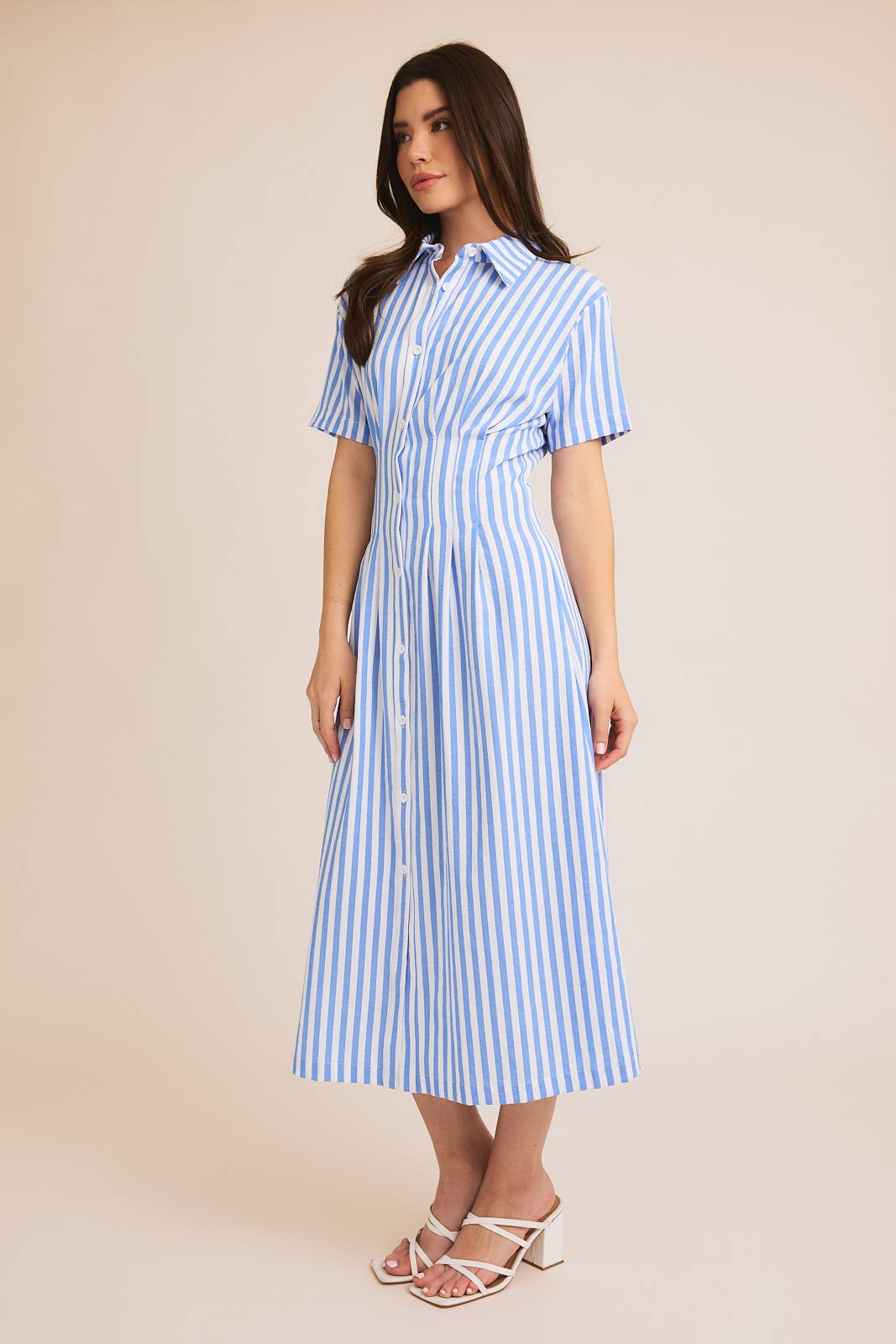 HALF SLEEVE BUTTON DOWN STRIPE SHIRT DRESS