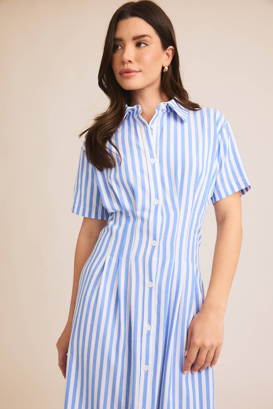 HALF SLEEVE BUTTON DOWN STRIPE SHIRT DRESS