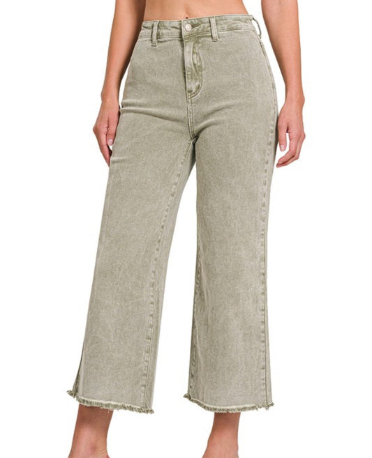 Acid Washed Olive Cropped Jeans