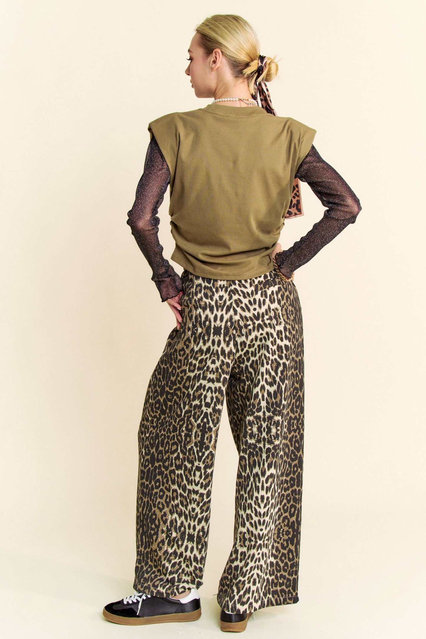 WAIST STRING LEOPARD PRINTED STRAIGHT LONG  PANTS