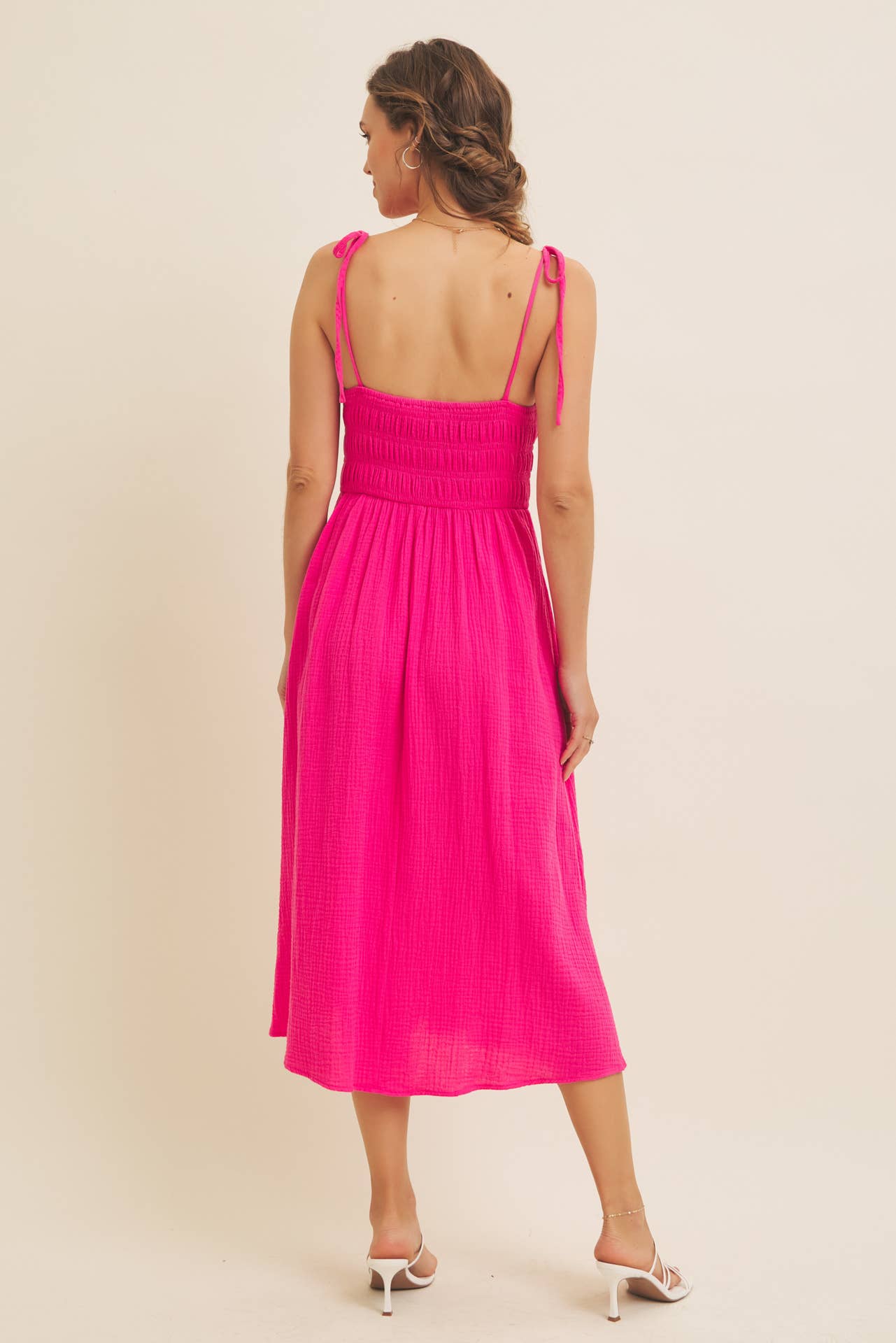Sally VIBRANT SUMMER COTTON GAUZE SMOCKED MIDI DRESS WITH TIE STRAPS