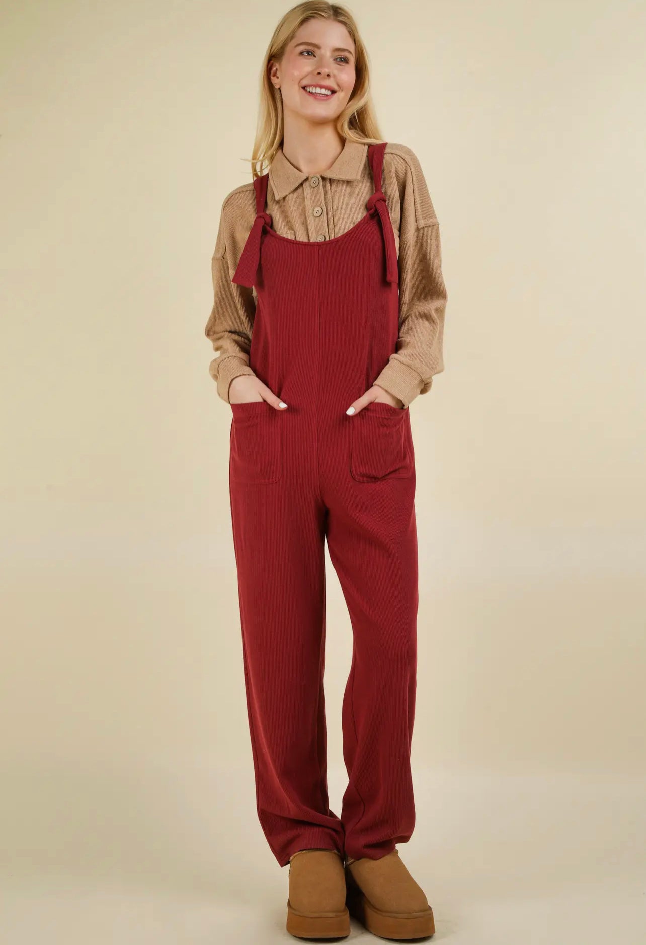 Redbean knit jumpsuit with front patch pockets