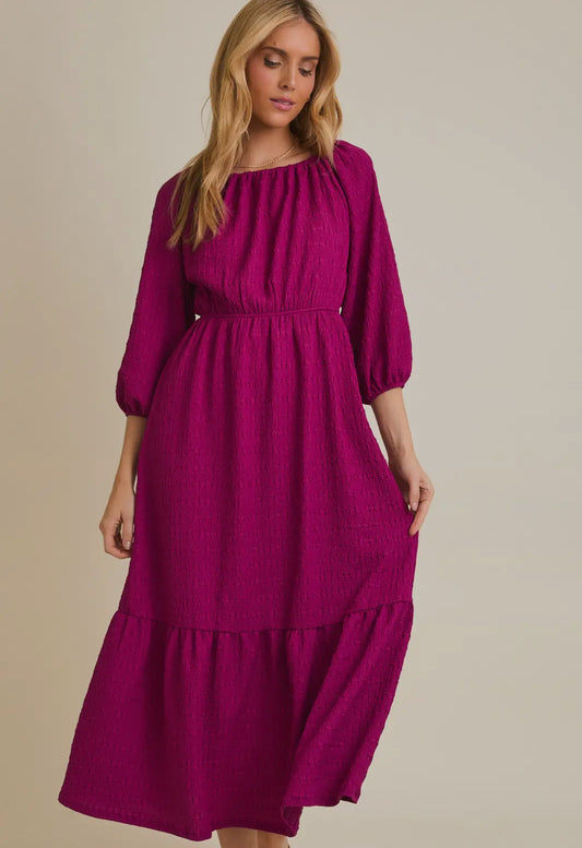 Plum 3/4 Sleeve Ruching Tie Neck Textured
Midi Dress