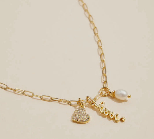 Gold Dipped Charming "Love" Pendant Necklace with Heart and Pearl Accents