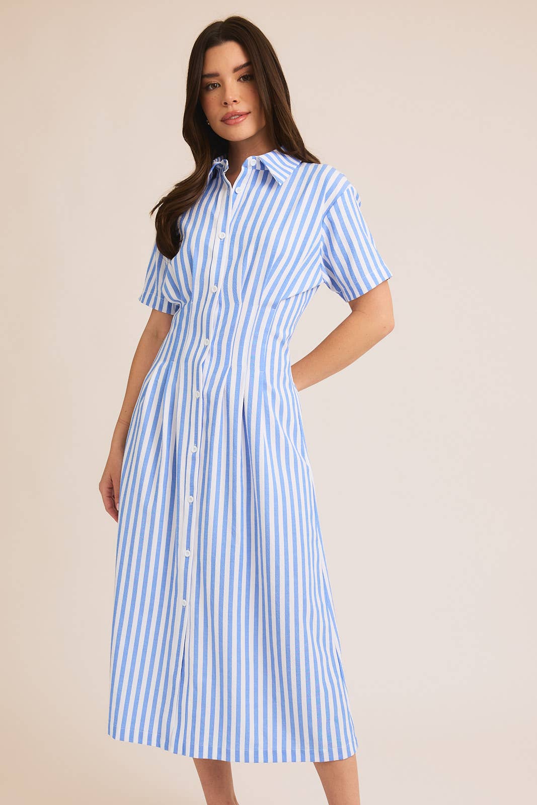 HALF SLEEVE BUTTON DOWN STRIPE SHIRT DRESS