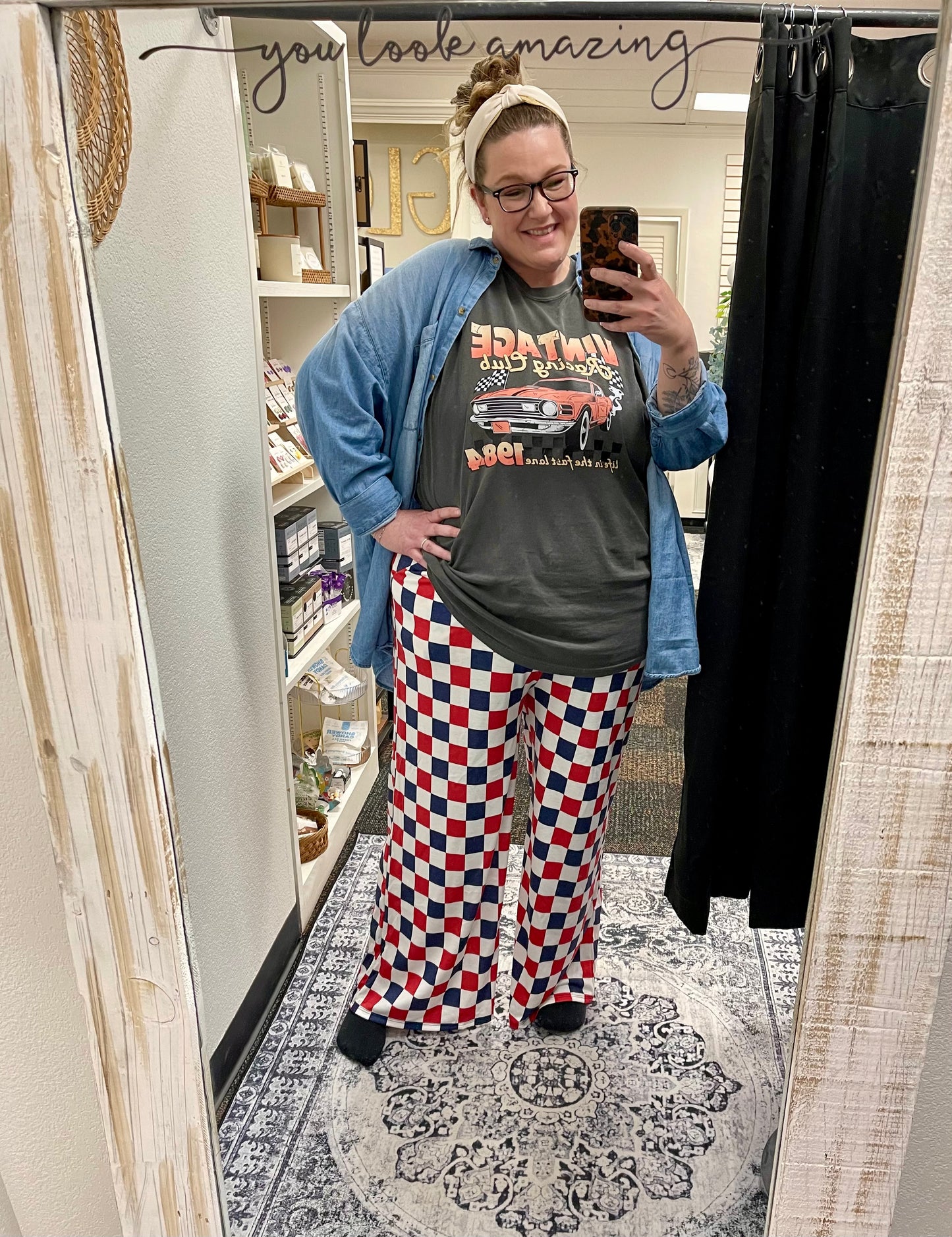 PLUS SIZE HIGH WAIST CHECKERD STRAIGHT LEG KNIT PANTS