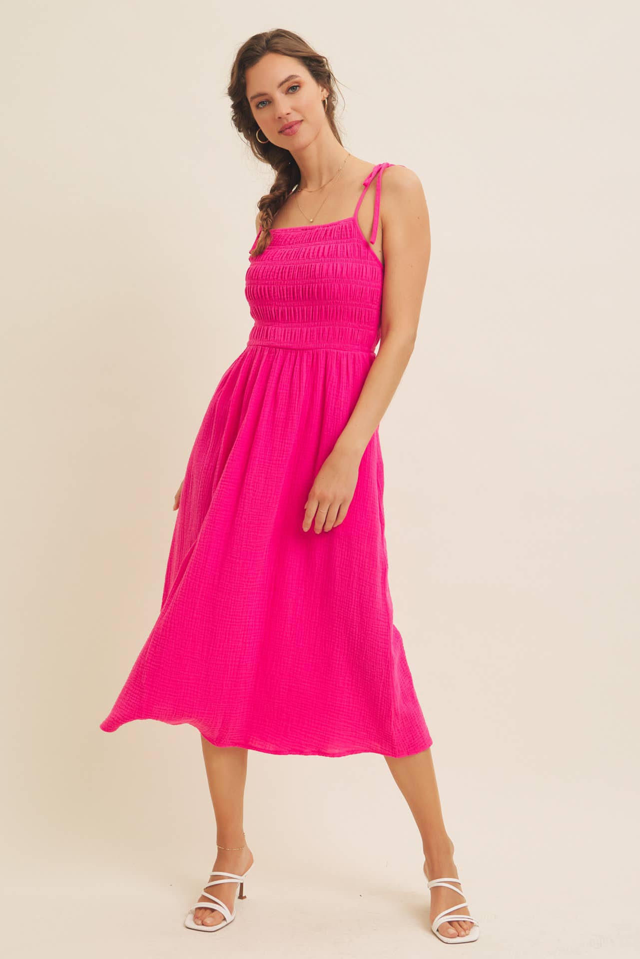 Sally VIBRANT SUMMER COTTON GAUZE SMOCKED MIDI DRESS WITH TIE STRAPS