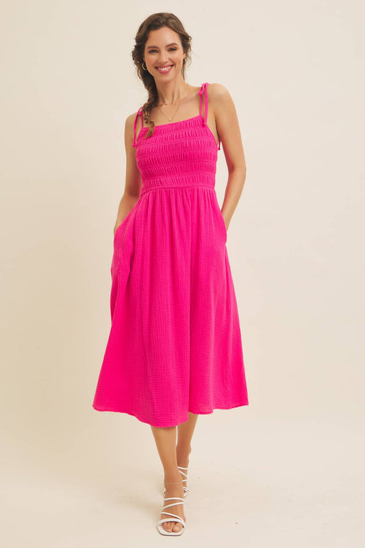 Sally VIBRANT SUMMER COTTON GAUZE SMOCKED MIDI DRESS WITH TIE STRAPS