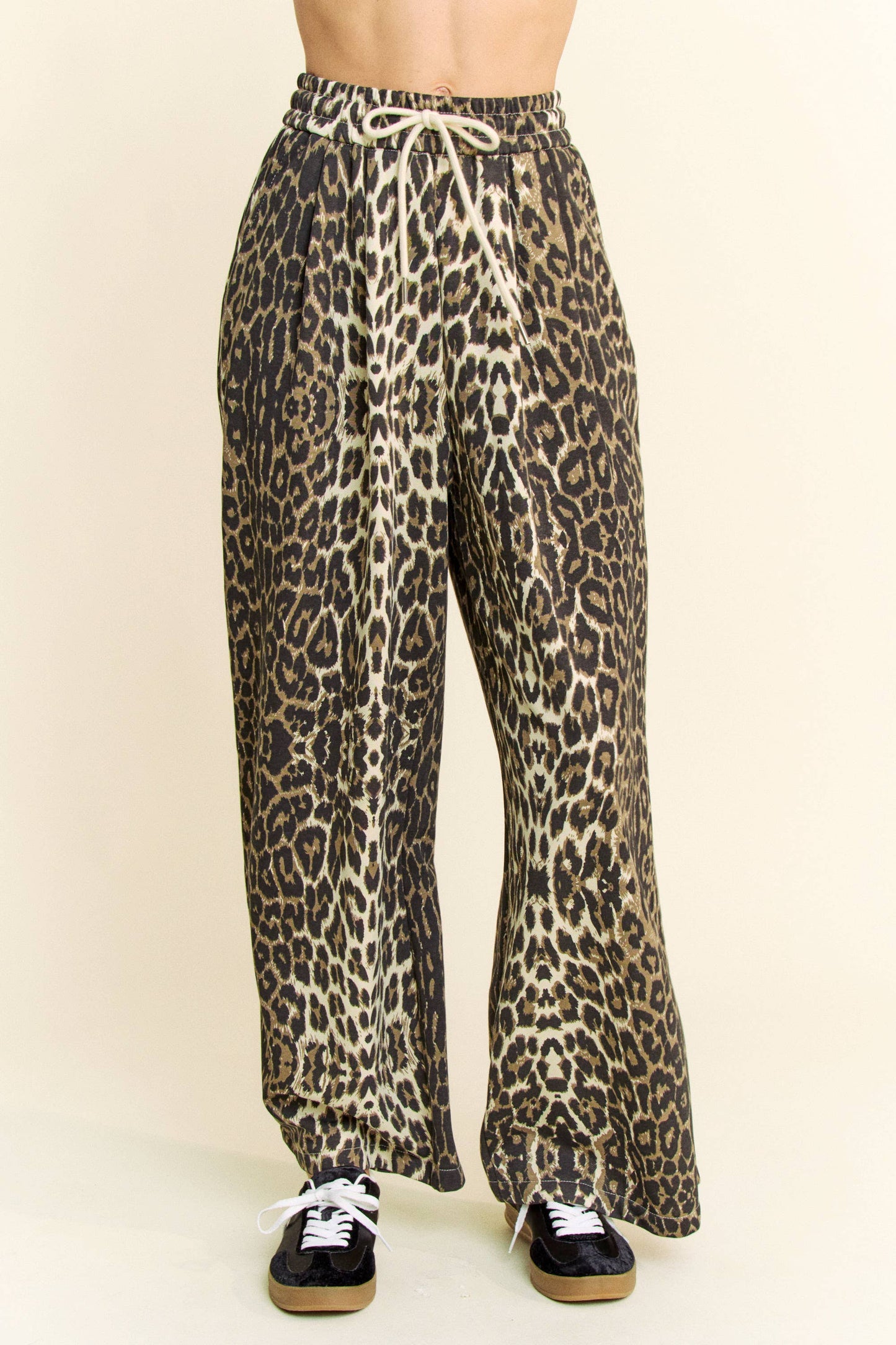 WAIST STRING LEOPARD PRINTED STRAIGHT LONG  PANTS