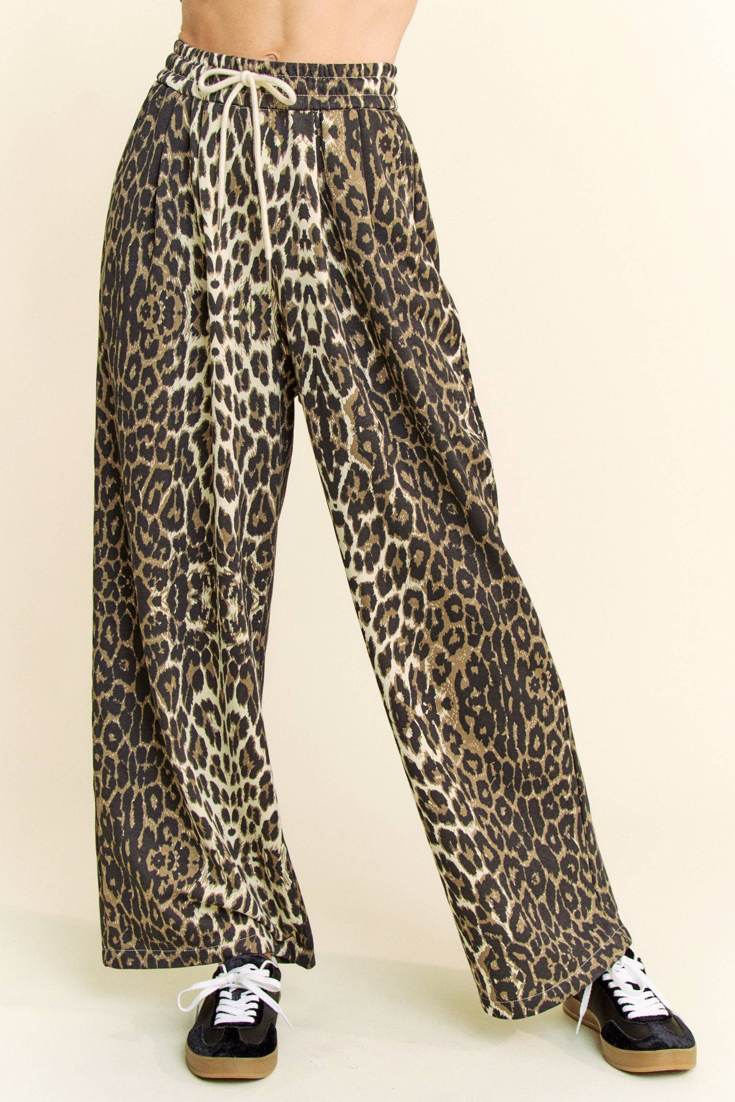 WAIST STRING LEOPARD PRINTED STRAIGHT LONG  PANTS