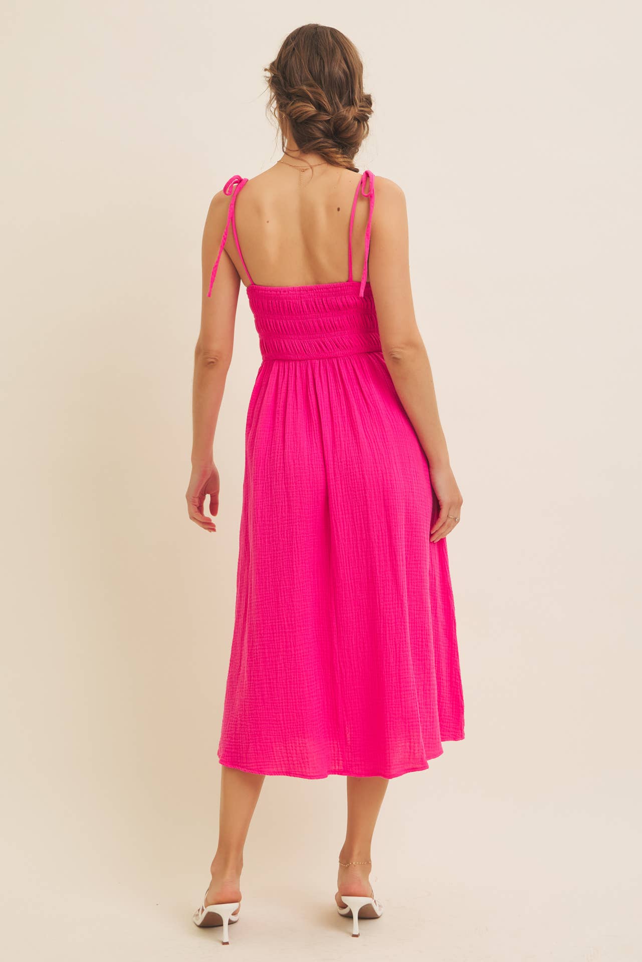 Sally VIBRANT SUMMER COTTON GAUZE SMOCKED MIDI DRESS WITH TIE STRAPS