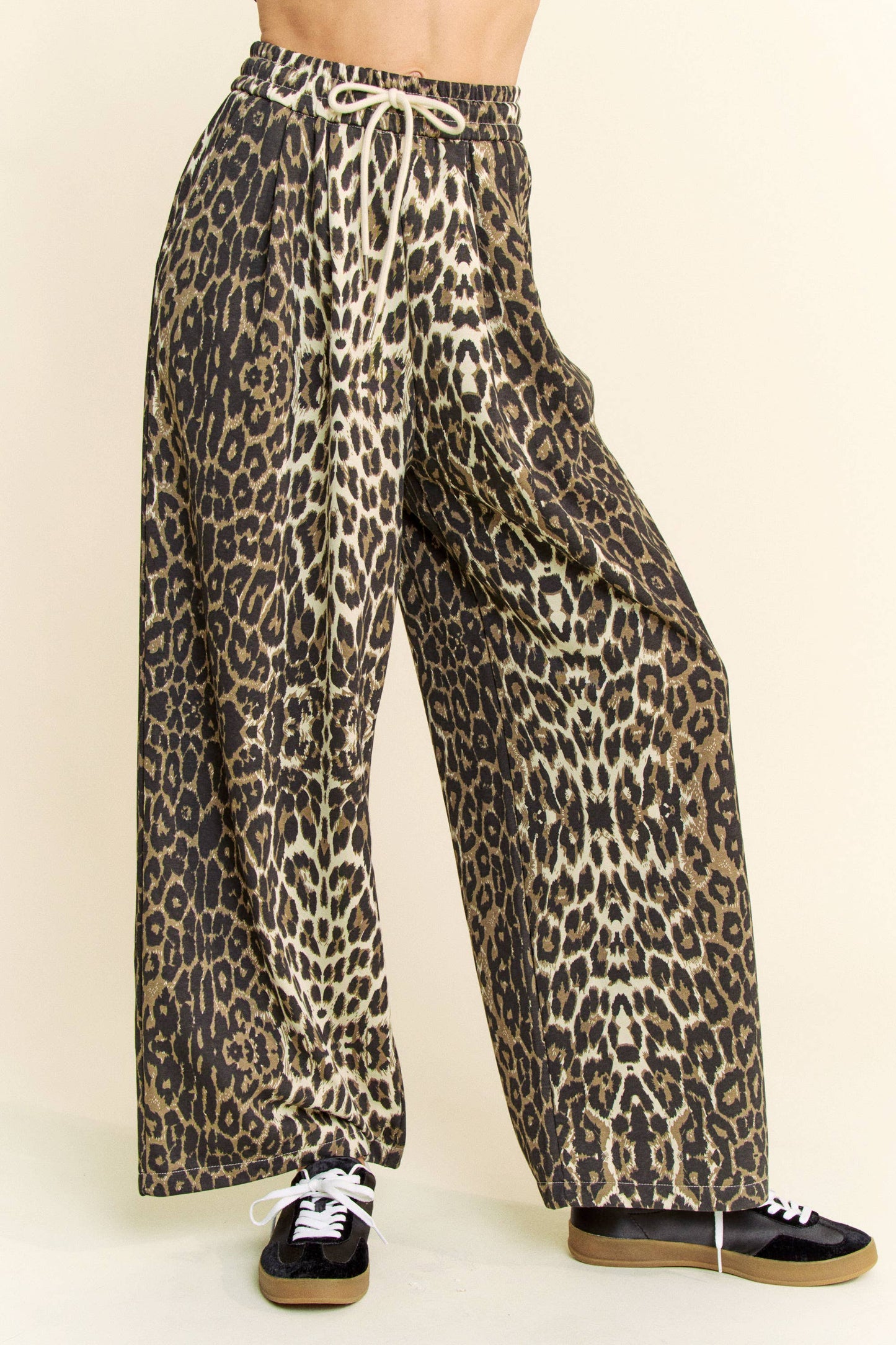 WAIST STRING LEOPARD PRINTED STRAIGHT LONG  PANTS