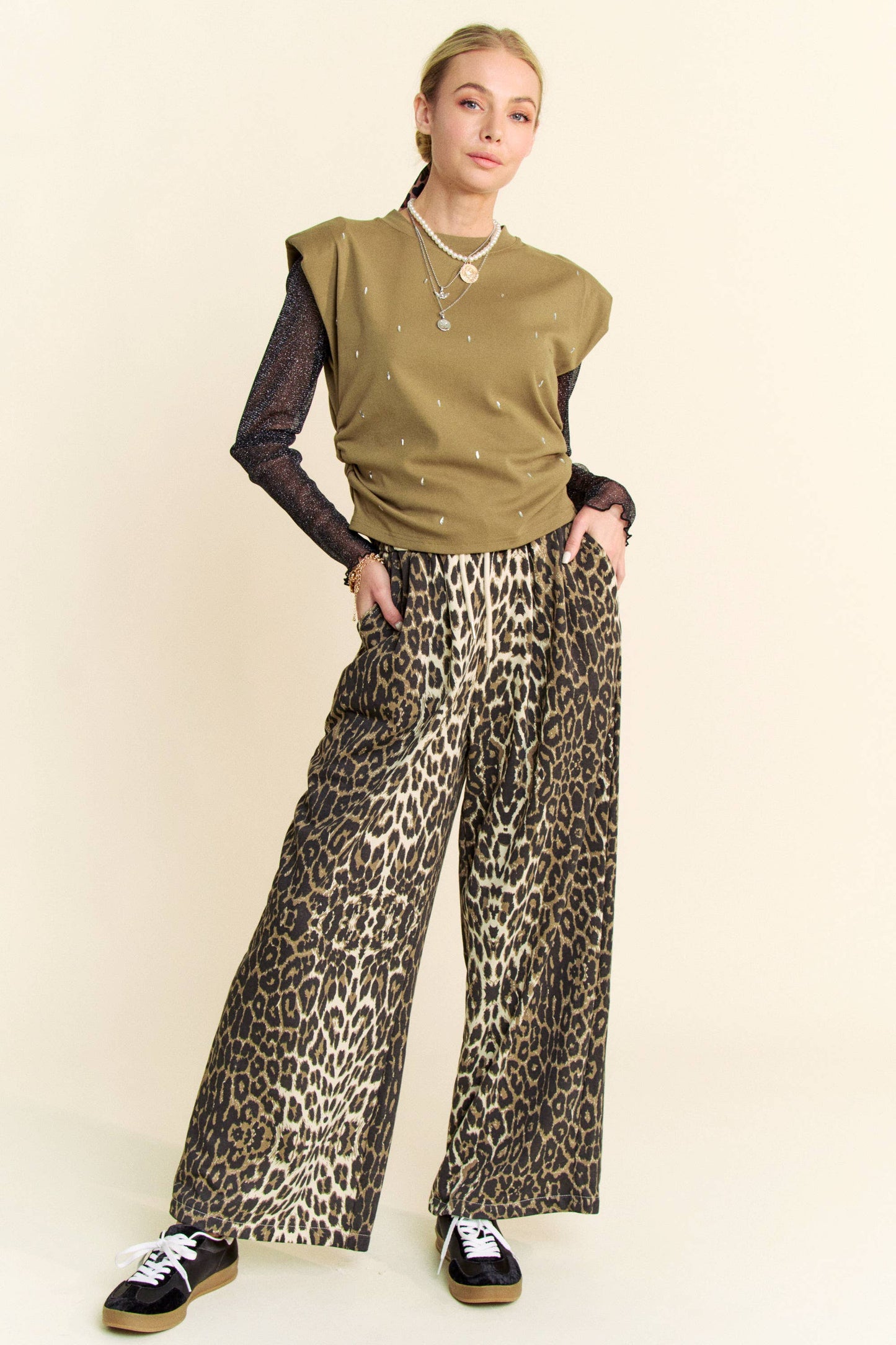 WAIST STRING LEOPARD PRINTED STRAIGHT LONG  PANTS