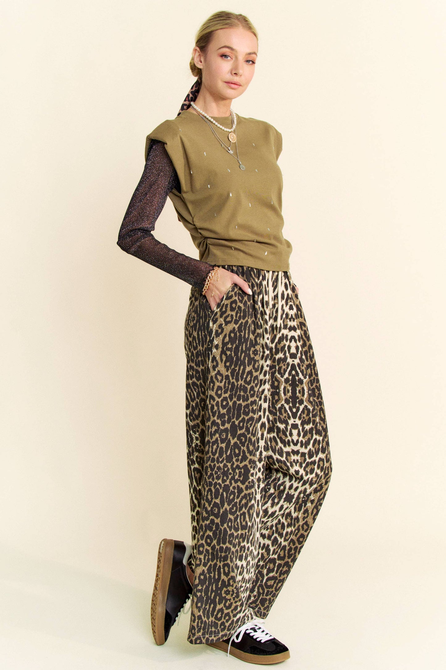 WAIST STRING LEOPARD PRINTED STRAIGHT LONG  PANTS