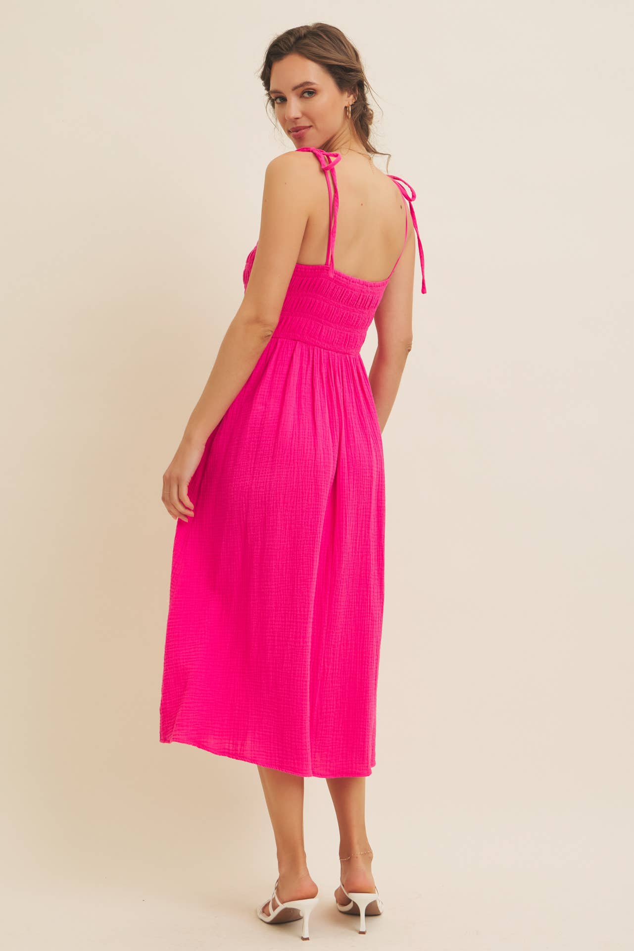 Sally VIBRANT SUMMER COTTON GAUZE SMOCKED MIDI DRESS WITH TIE STRAPS