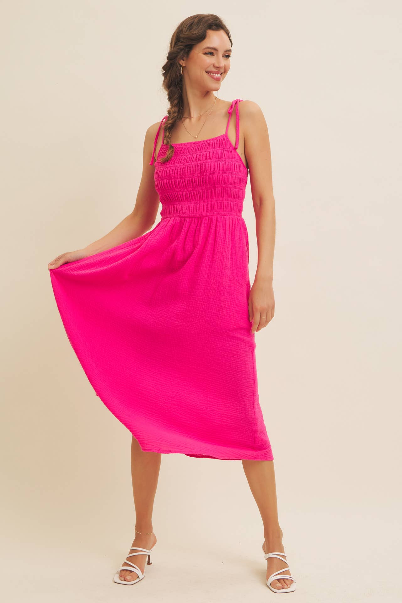 Sally VIBRANT SUMMER COTTON GAUZE SMOCKED MIDI DRESS WITH TIE STRAPS