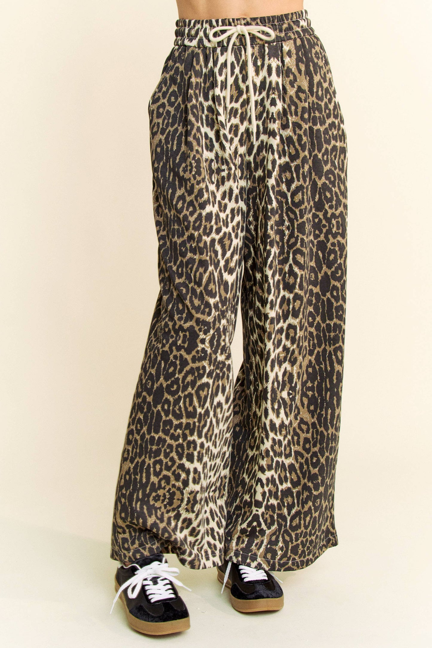 WAIST STRING LEOPARD PRINTED STRAIGHT LONG  PANTS