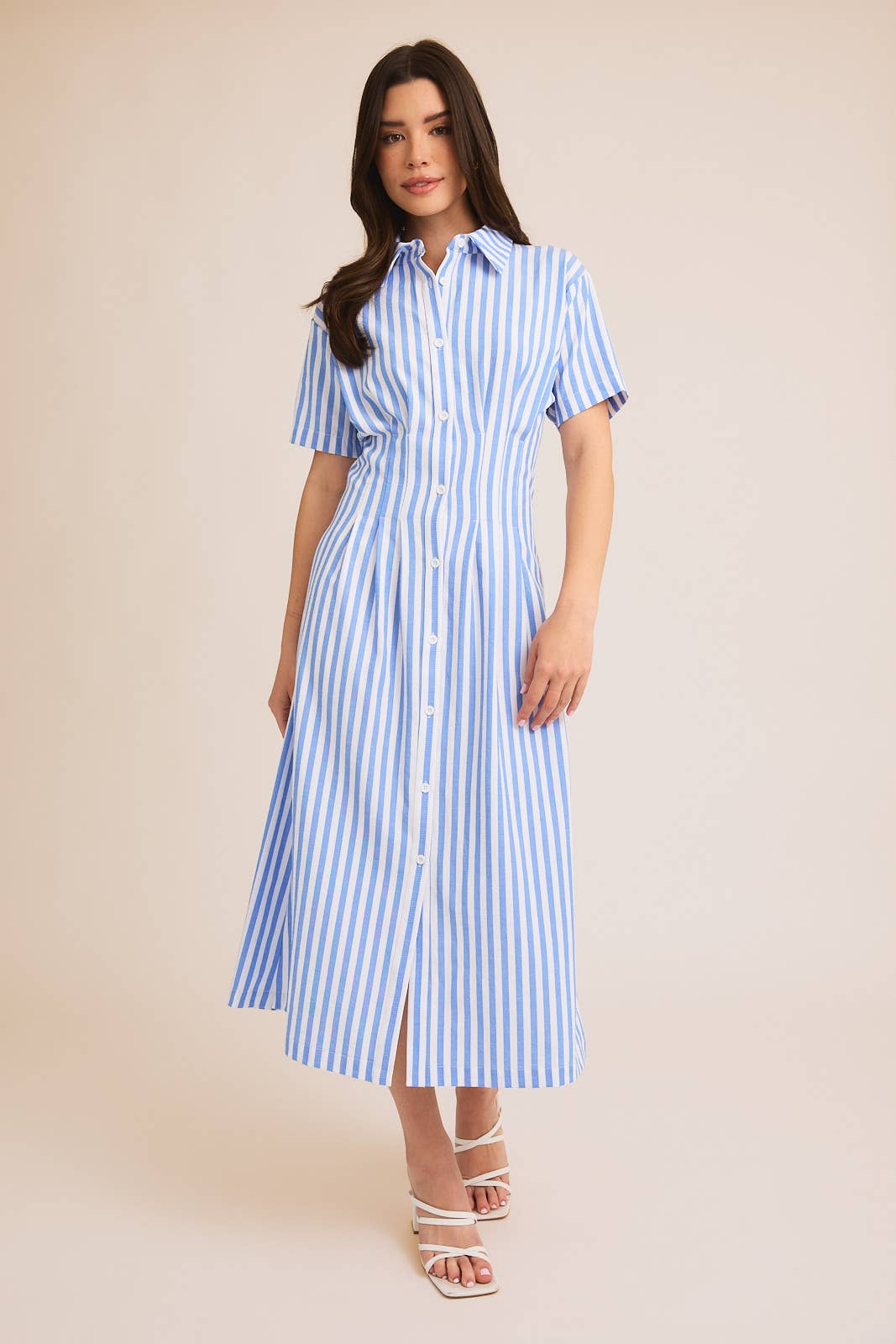 HALF SLEEVE BUTTON DOWN STRIPE SHIRT DRESS