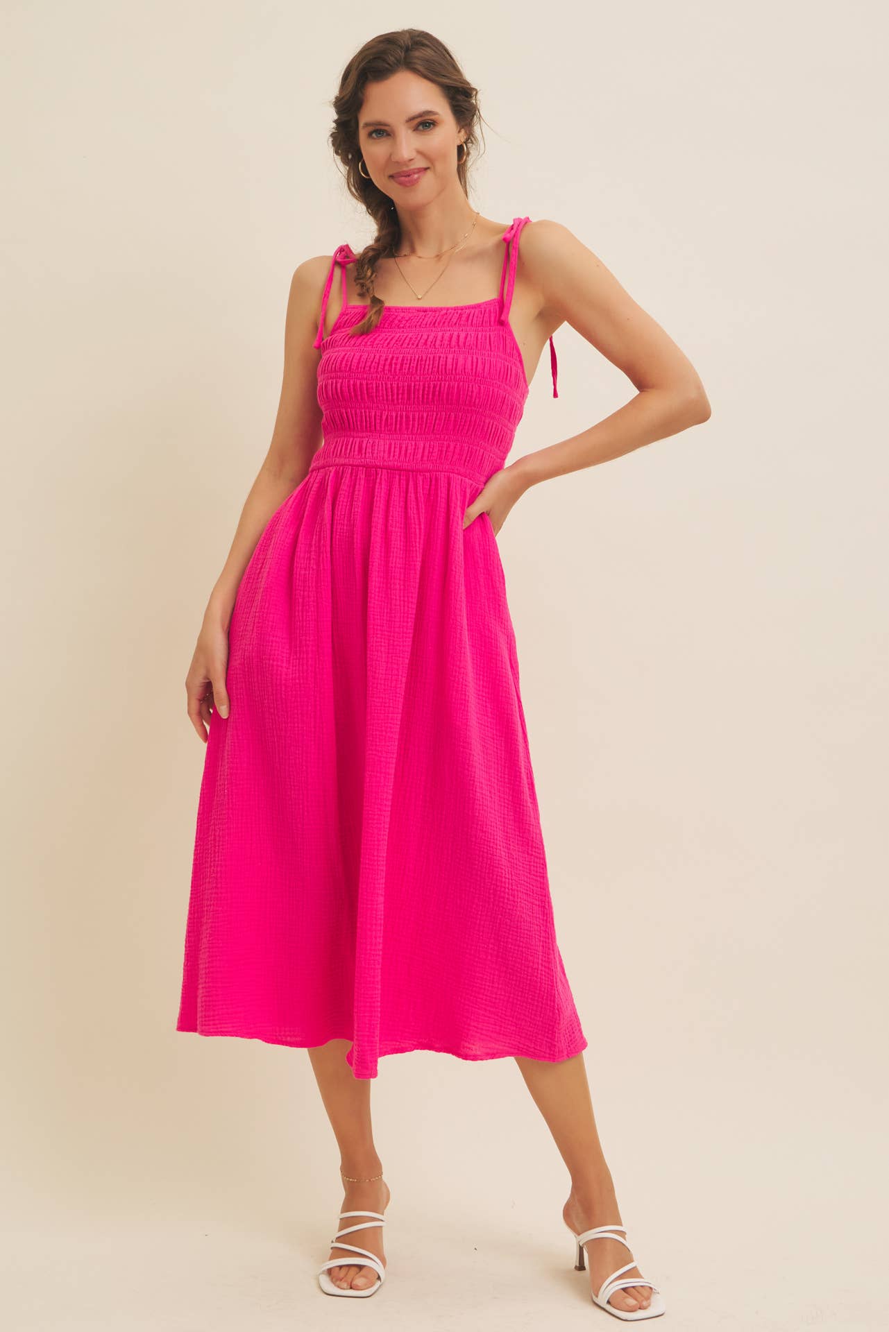 Sally VIBRANT SUMMER COTTON GAUZE SMOCKED MIDI DRESS WITH TIE STRAPS