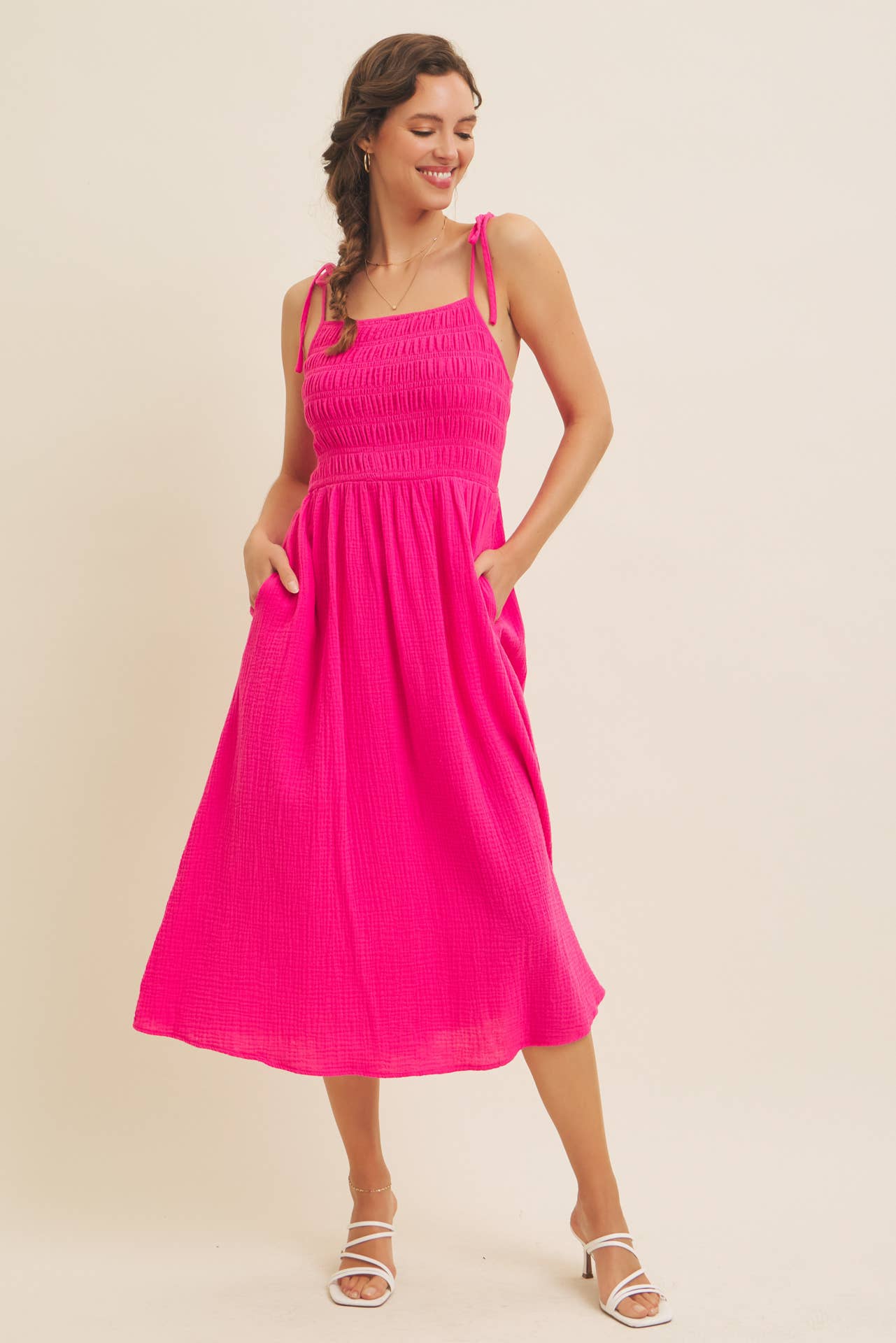 Sally VIBRANT SUMMER COTTON GAUZE SMOCKED MIDI DRESS WITH TIE STRAPS