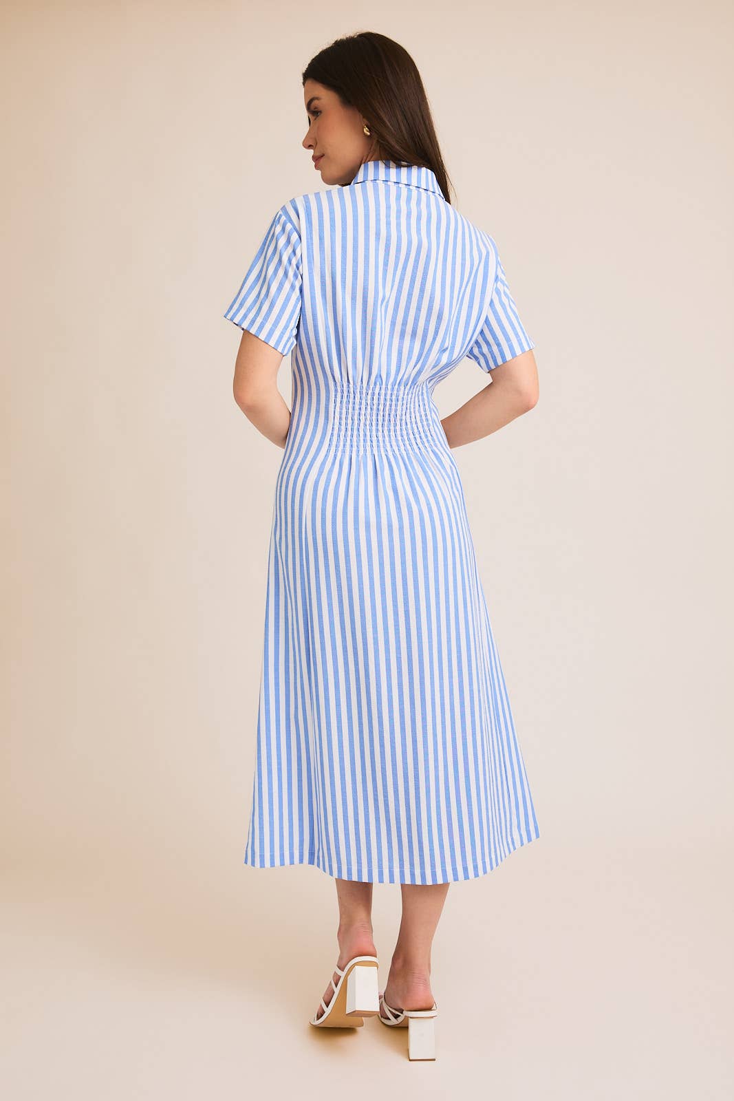 HALF SLEEVE BUTTON DOWN STRIPE SHIRT DRESS